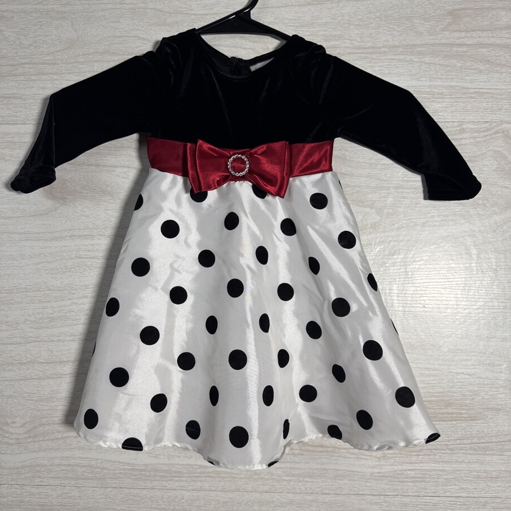 Jenny & Me black velvet and white polka dot toddler dress Red Satin Bow 18 Mths